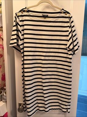 J. Crew Black & White Striped Short-Sleeve Boatneck Shirt with Gold Buttons